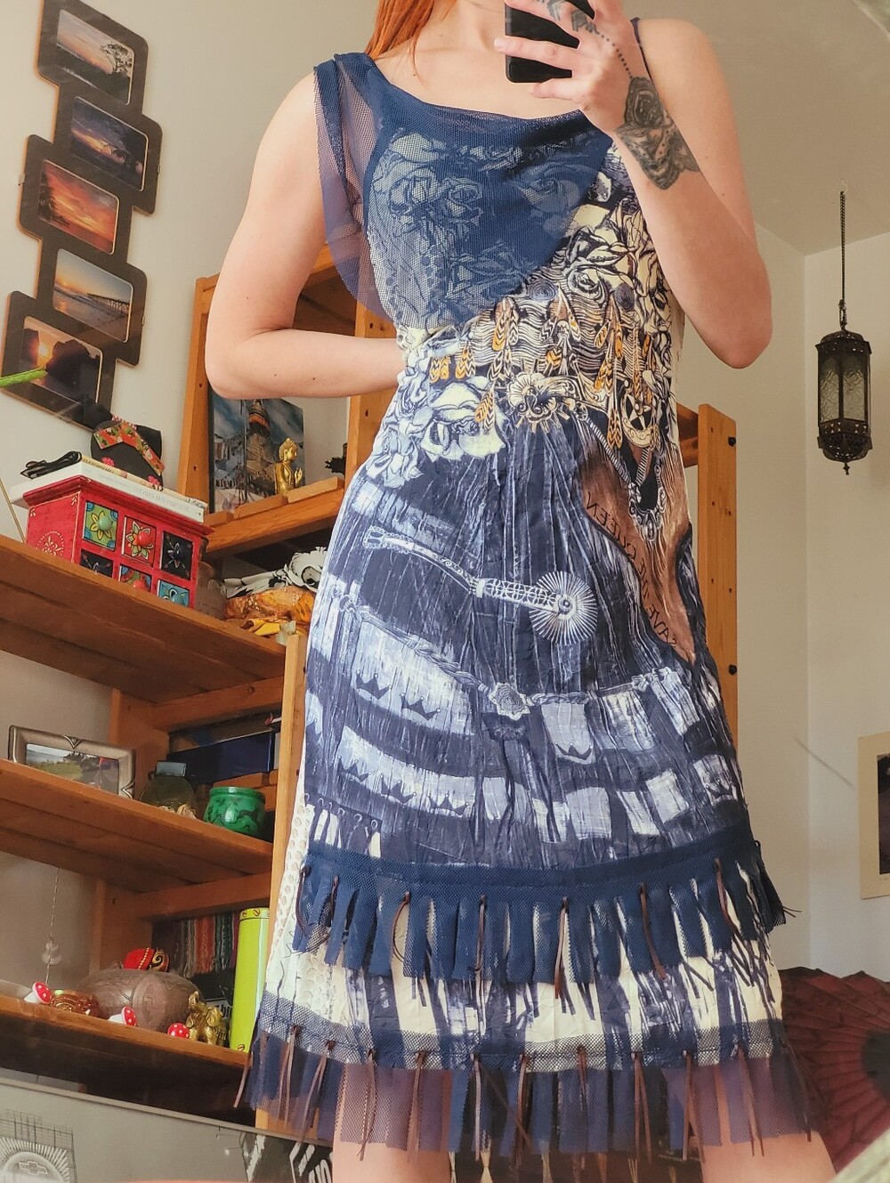 Save The Queen Navy Blue and Cream Mesh Fringe Horse Print Midi Dress - Xl